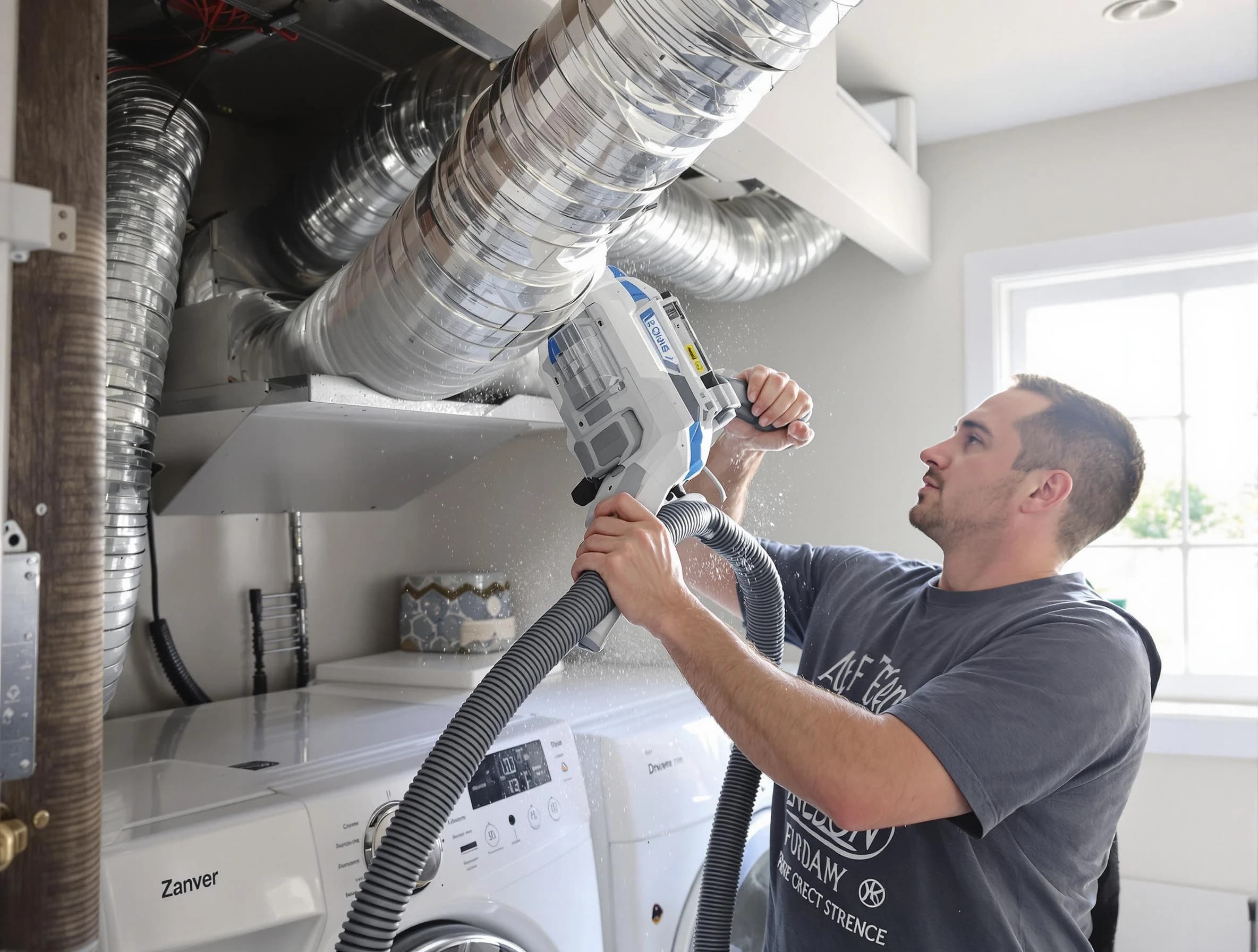 Ogden Dryer Vent Cleaning specialist cleaning deep within a dryer vent duct system in Ogden