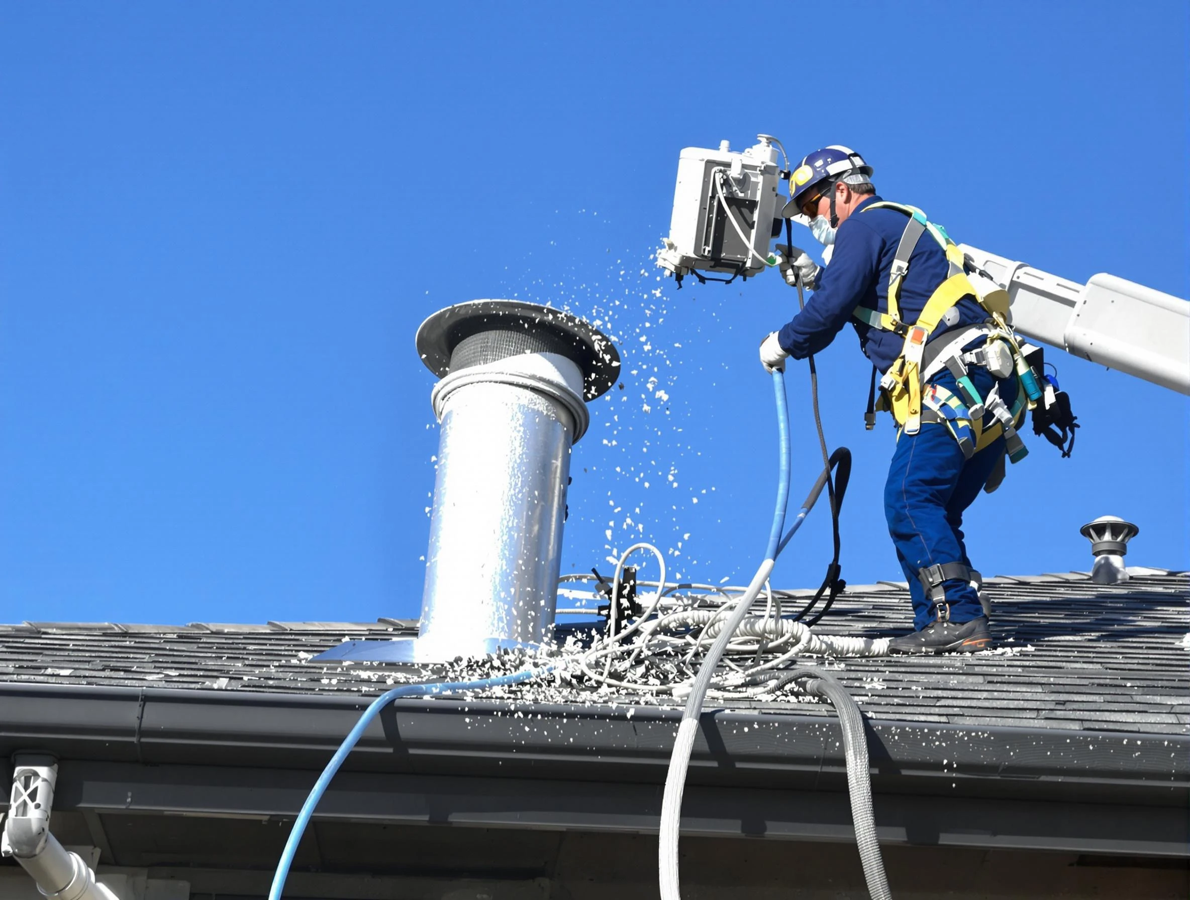 Ogden Dryer Vent Cleaning certified technician safely cleaning a roof-mounted dryer vent in Ogden