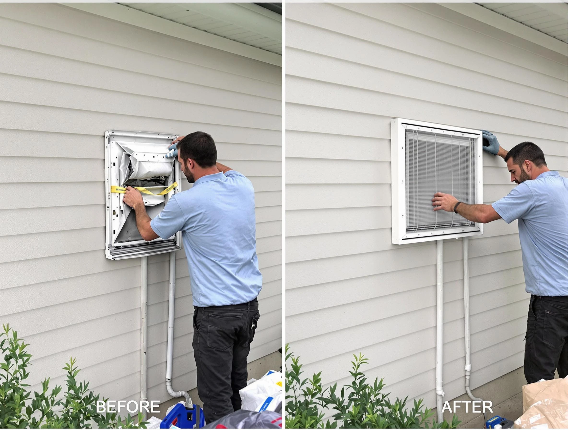 Ogden Dryer Vent Cleaning technician installing high-quality dryer vent cover at a residential property in Ogden